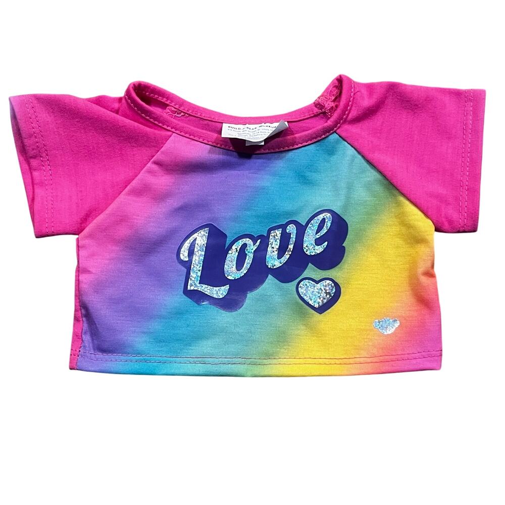 Build A Bear Pink Rainbow Tie Dye Love Shirt Glitter Plushie Top Outfit Clothing